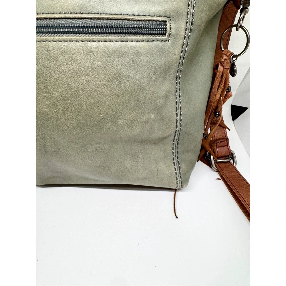 The Sak Ashland Leather Crossbody Bag Sage Green Brown Fringe Tassel Boho Hobo